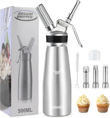 Produktbild von Sahnespender 500ML, Sahnesyphon Aluminium, Sahnesprüher Auslaufsicherer Einfach Reinigen mit 3 Tüllen und 1 Reinigungsbürsten, Schlagsahne Spender für Küche Party Desserts (Silber)