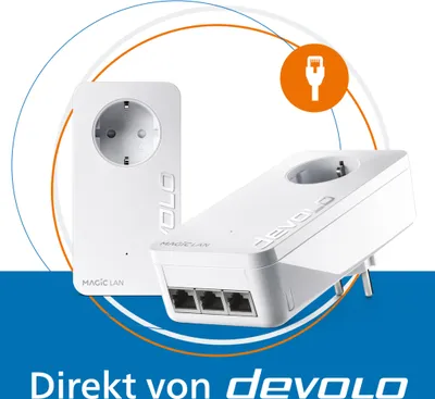 Two devolo Magic 2 LAN triple Powerline adapters are shown, one in the foreground and one in the background, against a white and blue background with graphic elements.