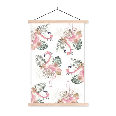 Produktbild von MuchoWow® Textilposter Muster - Blumen - Flamingo 120x180 cm mit holzfarbenen Rahmen - Textil-Plakat