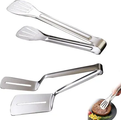 Immagine prodotto di Ibenzoa® Set da 2 pinze da cucina in acciaio inossidabile, multifunzionali per barbecue e cucina: 1 pinza per carne 26,1×7,5 cm e 1 pinza per pane 24,2×4,5 cm