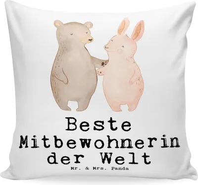 Produktbild von Mr. & Mrs. Panda Zierkissen Hase Beste Mitbewohnerin der Welt - Weiß - Geschenk, Zimmergenossin, Wohngemeinschaft, Kissen 40x40, WG, kuschelkissen, Zimmernachbarin, Sofa