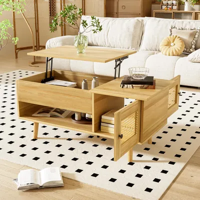 Image de Table basse, plateau relevable, portes en rotin, espace de rangement