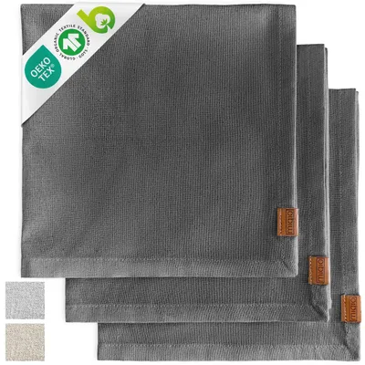 Produktbild von 3er Set robuste Geschirrtücher aus Baumwolle, 70x45 cm, mit Echtleder Applikation, dunkelgrau/hellgrau