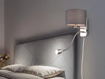 Produktbild von LED Wandleuchte Stoffschirm grau mit Stecker - Wandlampen Leselampen fürs Bett