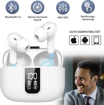 A man in a suit is smiling while wearing one of the earbuds. The product image shows a pair of white wireless earbuds in their charging case, with various feature icons and text overlays.