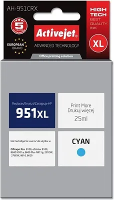 Produktbild von Tusz Activejet AH-951CRX (zamiennik HP 951XL CN046AE; Premium; 25 ml; niebieski)