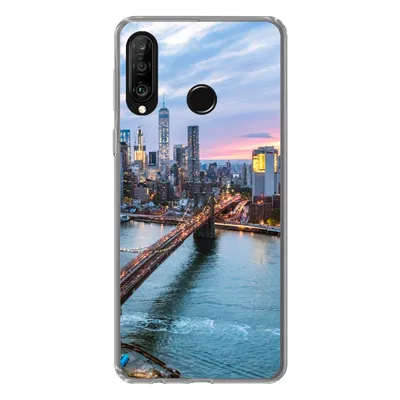 Produktbild von MuchoWow® Handyhülle Schutzhülle Hülle für Huawei P30 Lite New Yorker Skyline an der Brooklyn Bridge Silikon Softcase Handy Hülle - Handyhülle
