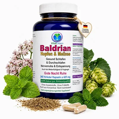 Produktbild von Baldrian Hopfen & Melisse 360 Pulver Kapseln. Nerven Beruhigung + Entspannung & schöner Schlaf + Gute Nacht. Natur pur - ohne Zusatzstoffe.