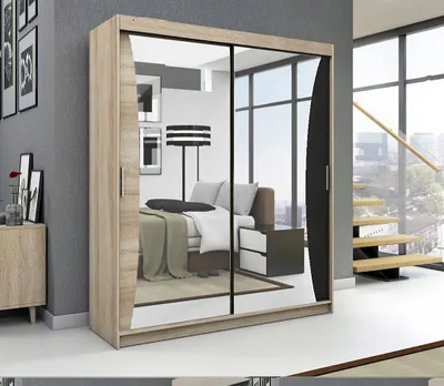 Produktbild von Schwebetürenschrank, 2-türig Schrank mit Spiegel! Moderne Garderobe für Kleidung. Verschiedene Farben (Weiß, Schwarz, Somona) Kleiderschrank NIKO 180 cm