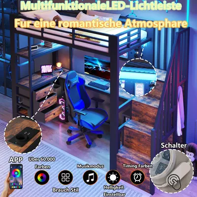 Obrázek produktu pro okwish podkrovní postel 90×200 se stolem a zásuvkou,  juniorská postel s LED osvětlením a zásuvkou, jednolůžko s děrovanou stěnou, černá, bez matrace