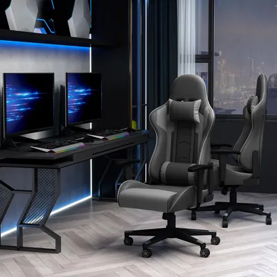 Produktbild von SUGIFT Schreibtischstuhl Racing-Style Kunstleder, Gaming Stuhl & Bürostuhl ergonomisch, Drehstuhl Schwarz  |  Lendenstütze  |  Kopfstütze  |  67,5x74x126–136 cm