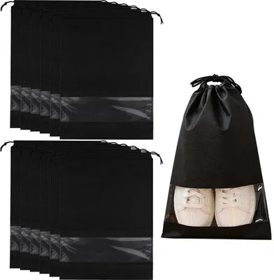 Produktbild von Ibenzoa® 12er-Set wasserdichte Schuhbeutel 44 x 32 cm aus umweltfreundlichem Vliesstoff, mit Sichtfenster & Zugband – waschbar, wiederverwendbar, Reise & Aufbewahrung
