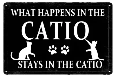 Produktbild von Metallschild „Catio“ für den Außenbereich: Was im Katzengehege passiert, bleibt im Katzengehege. Lustiges Katzenschild für den Innenbereich – Geschenk für Katzenliebhaber.