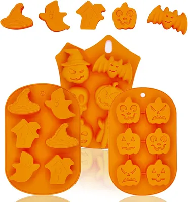 Produktbild von Halloween Kürbis Silikon Backformen 3 Stück, Cake Backform, Silikonform DIY Machen Schokolade Süssigkeit, Schädel, Hexe, Backwerkzeuge für Halloween Party