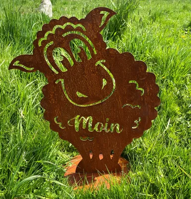 Produktbild von Gartenfigur Lustiges Schaf Moin auf Platte 50x40cm Edelrost Gartendeko Wetterfest Rost Metall Rostfigur Tier