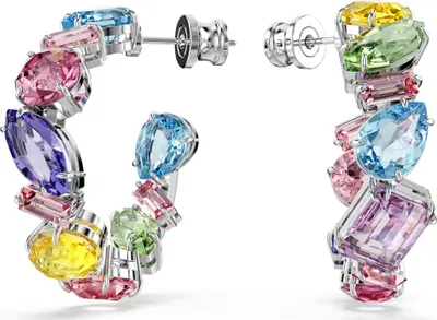 A pair of hoop earrings with multiple colorful gemstones.