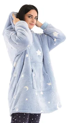 Produktbild von Sorbetto Damen Oversize Homewear, Gemütlicher Kapuzenpullover / Fleece-Hoodie, Hellblau mit Sterne und Mond, Gr. S-M