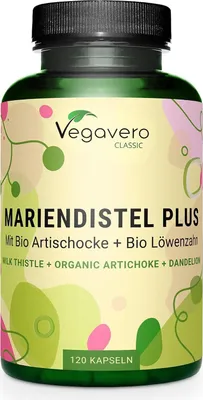 Immagine prodotto di Vegavero Cardo Mariano Plus | 120 capsule | carciofo + tarassaco | estratto di cardo mariano con l'80% di silimarina | vegano