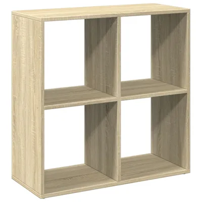 A light brown wooden cube shelf unit with four compartments, shown against a white background.