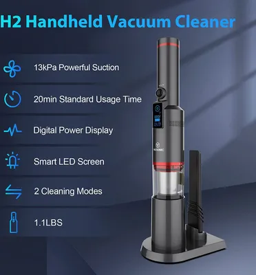 A handheld vacuum cleaner is shown with its features listed on the left side of the image.