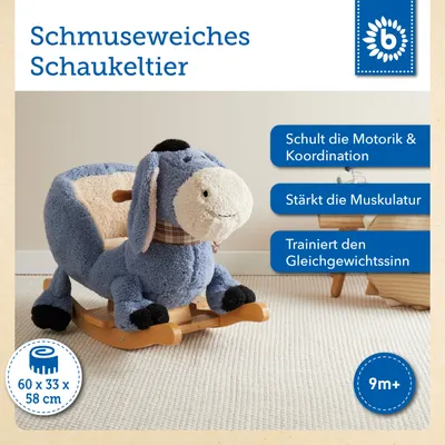 Produktbild von Bieco Plüsch Schaukeltier Esel | Kinder Schaukelstuhl mit Sicherheitsgurt | Baby Schaukel | Schaukel Kleinkind | Schaukeltier Baby Zimmer | Baby Schaukelwippe ab 9 Monate | Schaukelpferd Holz