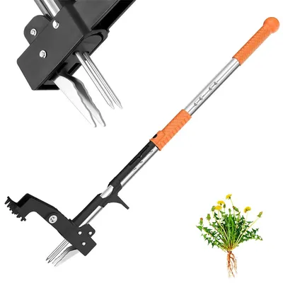 Produktbild von Unkrautstecher lang, 4 Edelstahl-Krallen, Unkrautentferner stehend ohne Bücken, ergonomischer Griff, rostfrei & stabil, ideal für Löwenzahn
