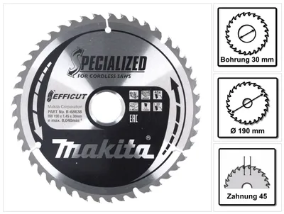 Produktbild von Makita® Zubehör Sägeblatt Holz Ø 190 x 1,45 x 30 mm 45Z EFFICUT - B-68638