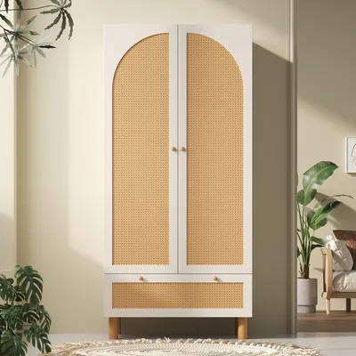 Image de OKWISH Vestiaire d’Entrée - Armoire d’Entrée avec 2 Portes, Tiroir et Tringle, Étagères Réglables - Style Campagne, Cannage - Blanc - 180×85×52 cm