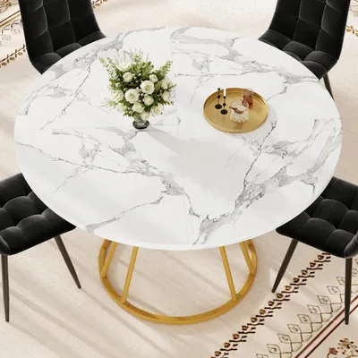 Produktbild von Flieks Runder Esstisch mit Marmoroptik-Tischplatte, Küchentisch Esszimmertisch mit Ablage und Metallbeinen, 100x100x76cm, Gold