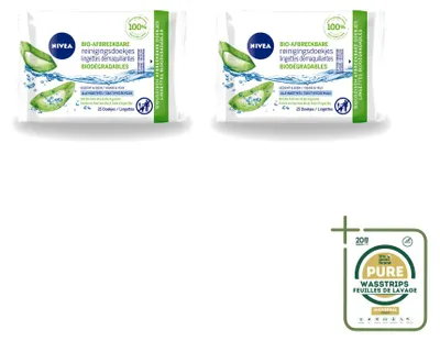 Imagen del producto de 2 paquetes de toallitas limpiadoras Nivea con Aloe Vera, 25 toallitas por paquete, pack de 2 unidades