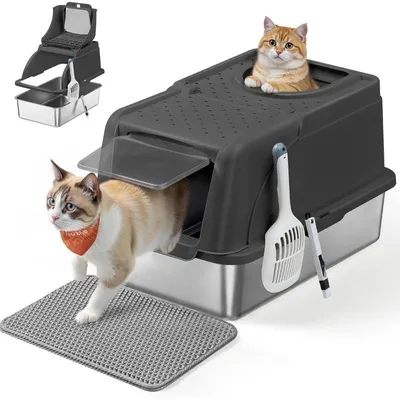 Produktbild von Katzenklo aus Edelstahl PPT005BH01, mit klappbarem Deckel, schwarz