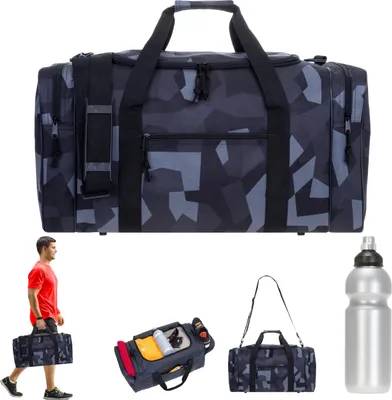 Produktbild von Sporttasche Herren groß Spear Gym 55 cm 40 Liter Large Reisetasche Saunatasche Fitnesstasche Freizeittasche Tasche 657 Fußball Camo Camouflage Grau + Trinkflasche