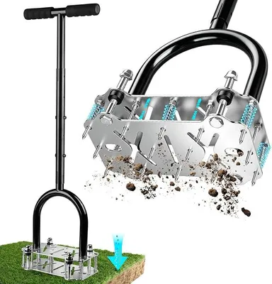 Image de Aérateur pour gazon en acier inoxydable, équipé de 14 pointes robustes. Aérateur amovible avec poignée en T antidérapante, idéal pour l'entretien des pelouses (noir)