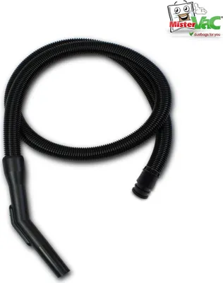 A black vacuum cleaner hose with a curved nozzle is laid out in a loop on a white background. A logo is present in the top right corner.
