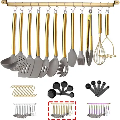 Image de Ensemble de 38 pièces de batterie de cuisine en silicone, avec support pour ustensiles, finition dorée