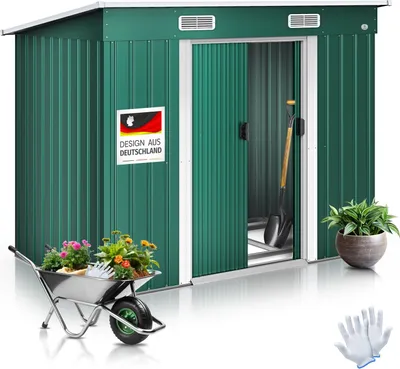 Produktbild von KESSER® - Gerätehaus L Metall 4 m³ mit Fundament | 194x112x181 cm | 2x Schiebetür & Fundament | Geräteschuppen | Gartenhaus Schrank | Pultdach Garten Schuppen | Inkl. Arbeitshandschuhe