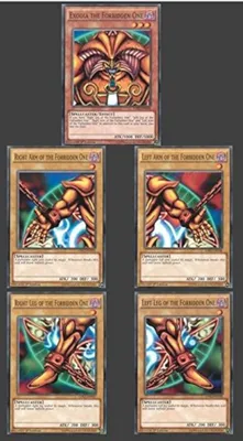 A collage of five Yu-Gi-Oh! trading cards, featuring Exodia the Forbidden One and its body parts.