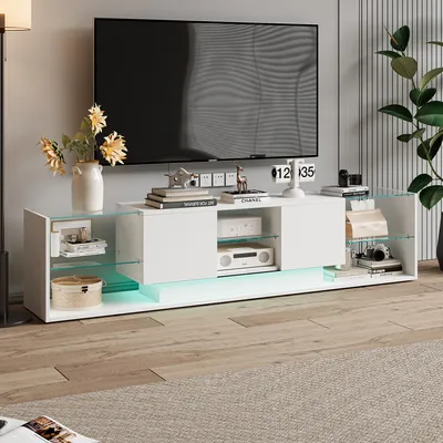 Immagine prodotto di Fortuna Lai LED TV lowboard 200 cm - Supporto TV lucido con illuminazione RGB e ripiani in vetro - Pannello TV moderno con spazio di archiviazione, bianco