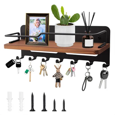 Image de Porte-clés avec étagère, étagère murale décorative en bois avec 7 crochets à clés, rangement pour l'entrée, le couloir, la chambre à coucher ou le salon, noir