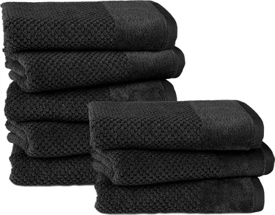 Produktbild von Pure Label 8-TLG Handtücher Set mit Aufhängeschlaufen aus Baumwolle, saugstark und weich | 8er Pack Handtücher 50x100 cm aus Baumwolle, Schwarz