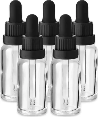 Produktbild von 5x Glasflasche Klar 20 ml mit Glaspipette Tropfer Kosmetikflaschen