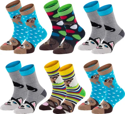 Produktbild von TippTexx 24 6 Paar Kinder Socken, handgekettelt, für Mädchen & Jungen, Lustige Hunde, Größe 35-38
