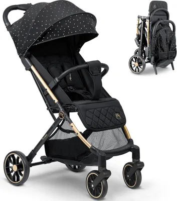A black stroller with gold accents, shown from a front-side angle. A smaller inset image shows the stroller folded.