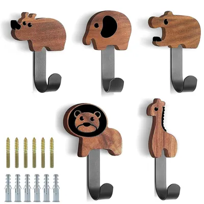 Image de Patères en bois pour enfants, lot de 5, en forme d'animaux, pour manteaux, chapeaux et sacs.
