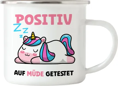 Produktbild von Positiv Auf Müde Getestet Emaille Tasse Träumer Langschläfer Corona Faulheit Schlafmütze Schlaf Einhorn Faulheit