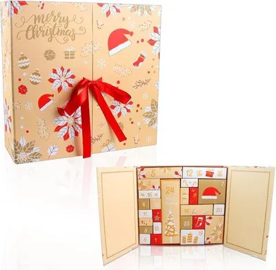 Produktbild von Weihnachts-Überraschungskalender mit 24 Geschenkvorschlägen in 24 Kartons, für eine gelbe Adventsdekoration und ideale Überraschungsgeschenke.