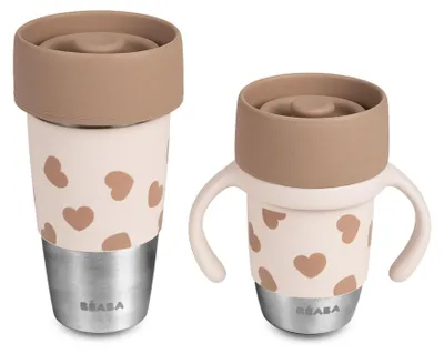 Image de Béaba Mini & Me : Ensemble comprenant une petite gourde isotherme et un gobelet d'apprentissage en acier inoxydable "Click & Drink", idéal pour les parents et leurs enfants. Gobelet à 360° sans valve, anti-fuite, évolutif, d'une capacité de 480 ml et 240 ml. "Big Love"
