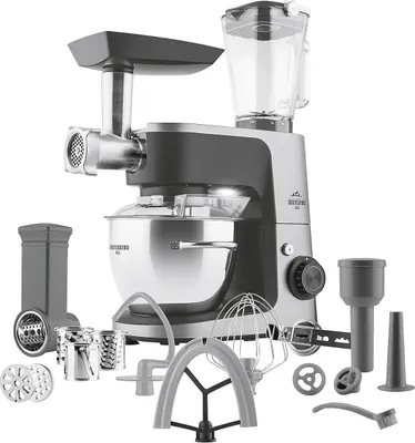A multi-functional kitchen appliance with various attachments, displayed against a white background.