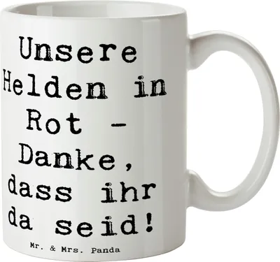 Produktbild von Mr. & Mrs. Panda Teetasse Spruch Feuerwehrmann Helden - Weiß - Geschenk, Feuerwehrfrau, Anerkennung, Trinkbecher, Aufmerksamkeit, mutig, Danke sagen, Feuerwehr, Becher