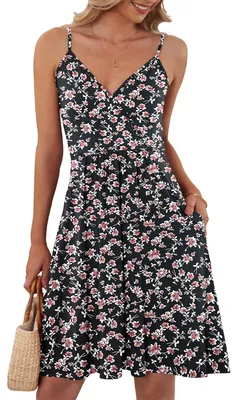 Produktbild von Sommerkleid mit Spaghetti-Trägern - V-Ausschnitt - Rot mit Blumenmuster - Größe XL
